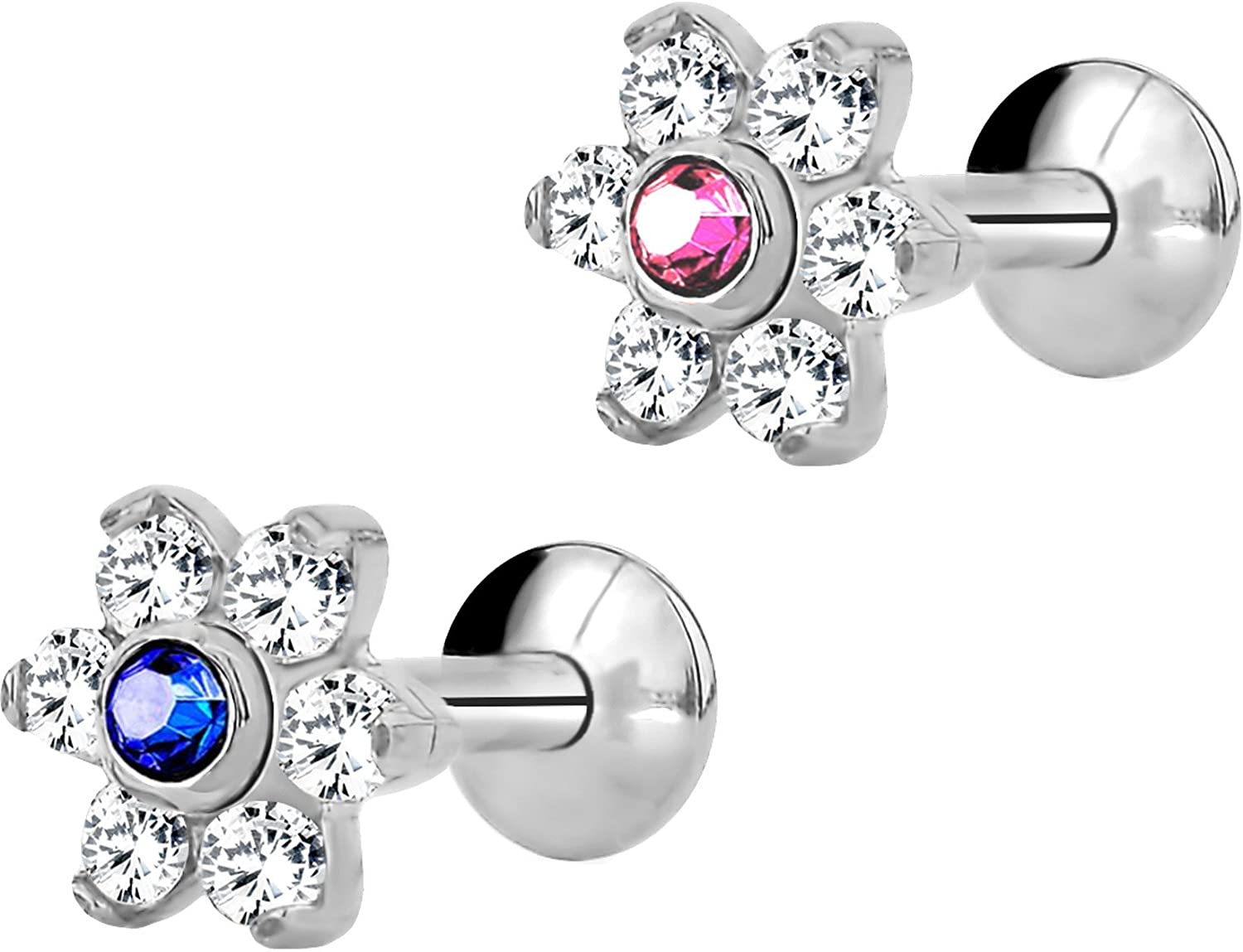 Forbidden Body Jewelry 16g 6mm-8mm Internally Threaded Tragus, Helix Earring and Labret Stud with Crystal Flower Top