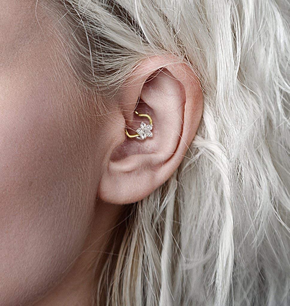 Forbidden Body Jewelry 16g Platinum & Gold Plated Heart w/CZ Flower Daith & Cartilage Hoop Earring