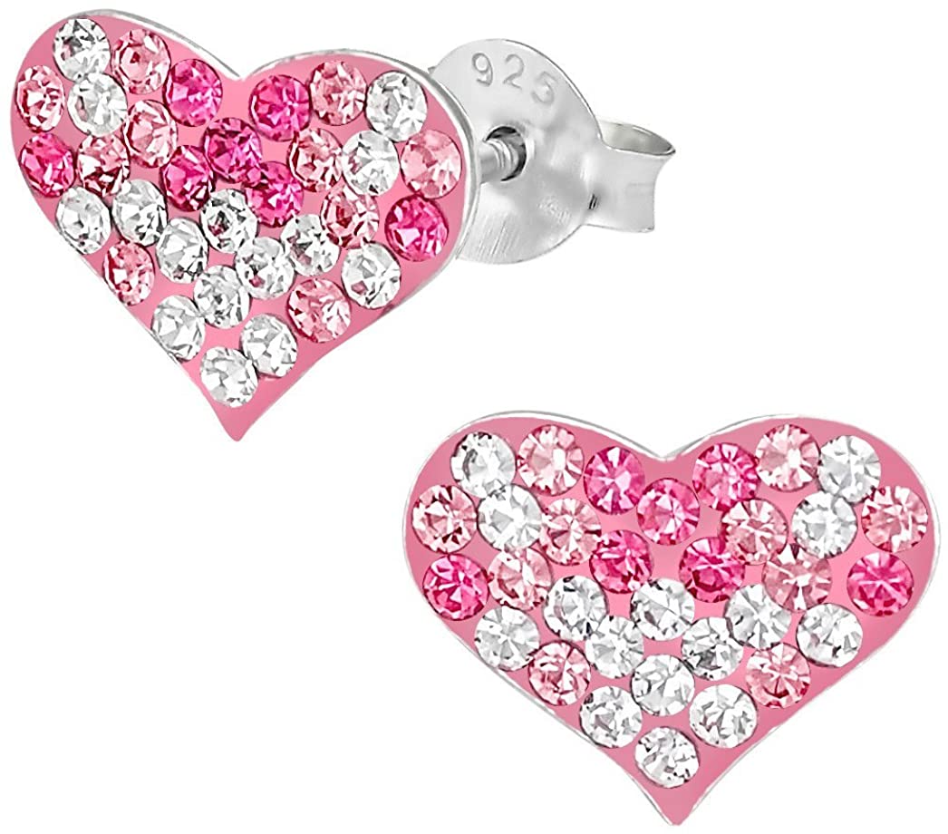 Hypoallergenic Sterling Silver Pink Crystal Heart Stud Earrings for Kids (Nickel Free)