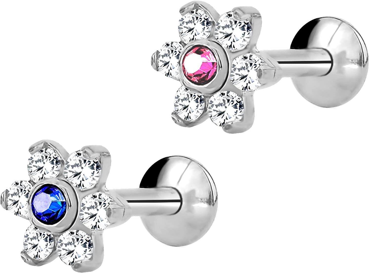 Forbidden Body Jewelry 16g 6mm-8mm Internally Threaded Tragus, Helix Earring and Labret Stud with Crystal Flower Top