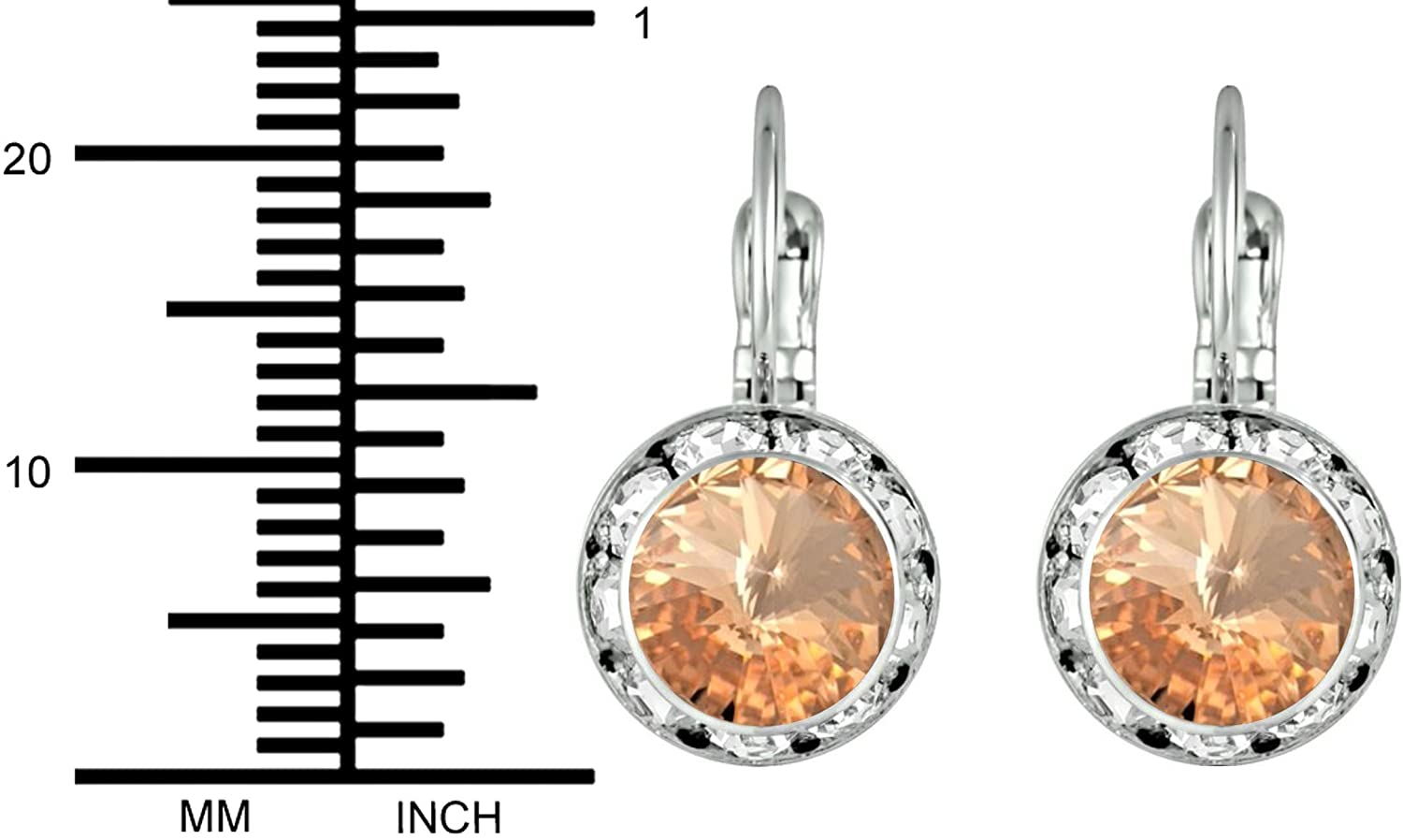 Austrian Crystal Silver Tone Framed Peach Champagne Lever Back Earrings for Women