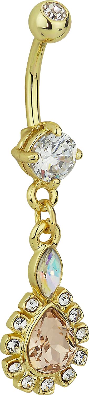 Forbidden Body Jewelry 14k Gold Plated Surgical Steel CZ Crystal Tear Drop Sexy Dangle Belly Ring