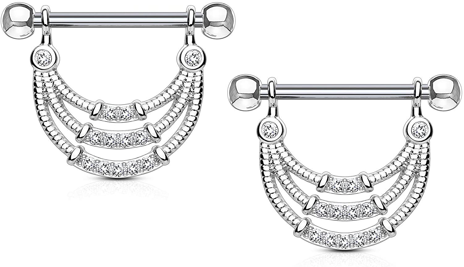 Forbidden Body Jewelry Pair of Surgical Steel 9/16 Inch (14mm) D-Ring Style Pave CZ Triple Rope Dangle Nipple Barbells