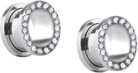 Forbidden Body Jewelry 2pcs 8GA-7/8 Surgical Steel Crystal Rimmed Screw Fit Tunnel Plugs