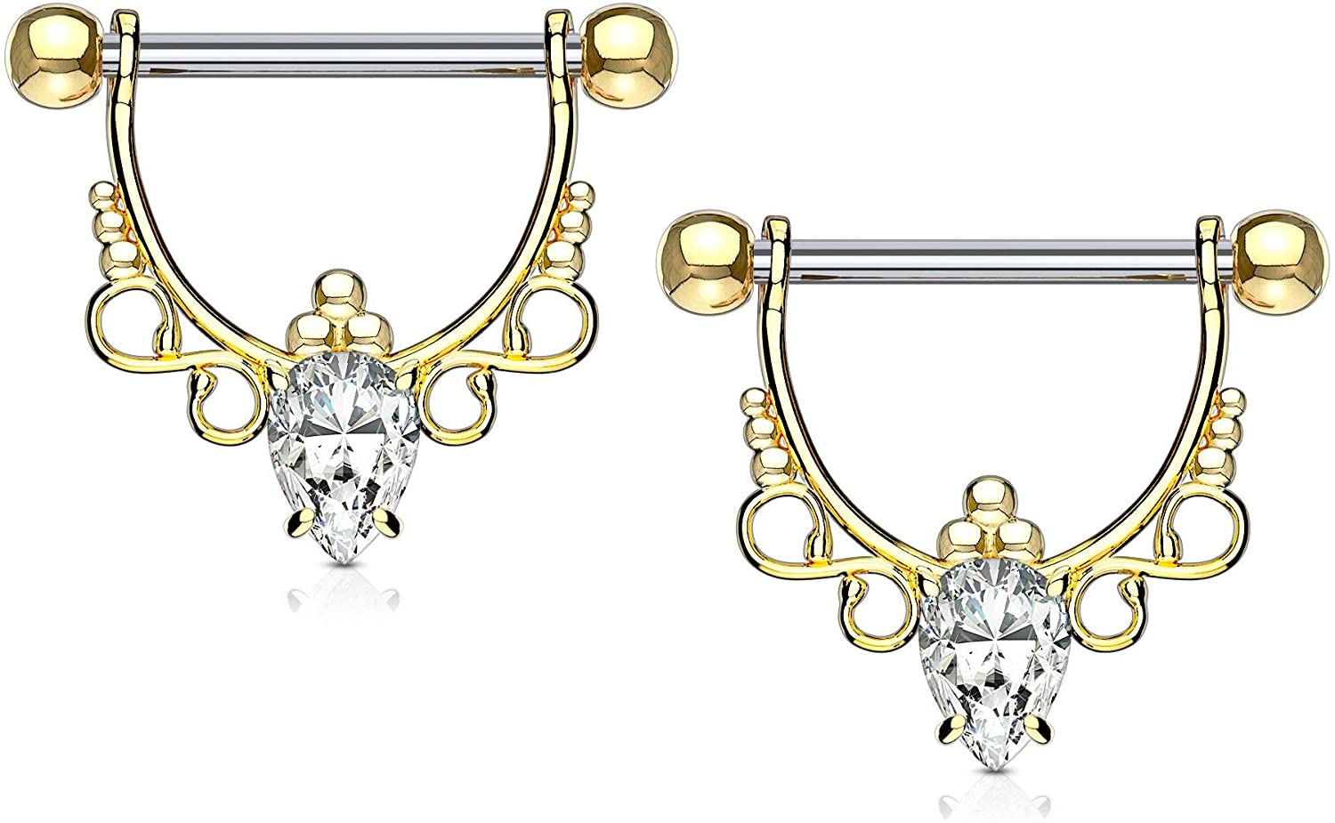 Forbidden Body Jewelry Pair of Surgical Steel 1/2 Inch (12mm) D-Ring Style Fancy CZ Chandelier Dangle Nipple Barbells