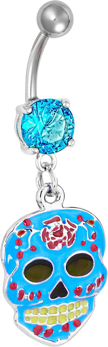 Surgical Steel Jeweled Light Blue Sugar Skull Epoxy Dangle Belly Button Ring