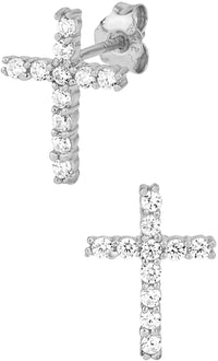 .925 Sterling Silver Channel Set Cubic Zirconia Studded Cross Earrings