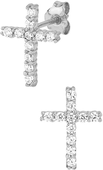 .925 Sterling Silver Channel Set Cubic Zirconia Studded Cross Earrings