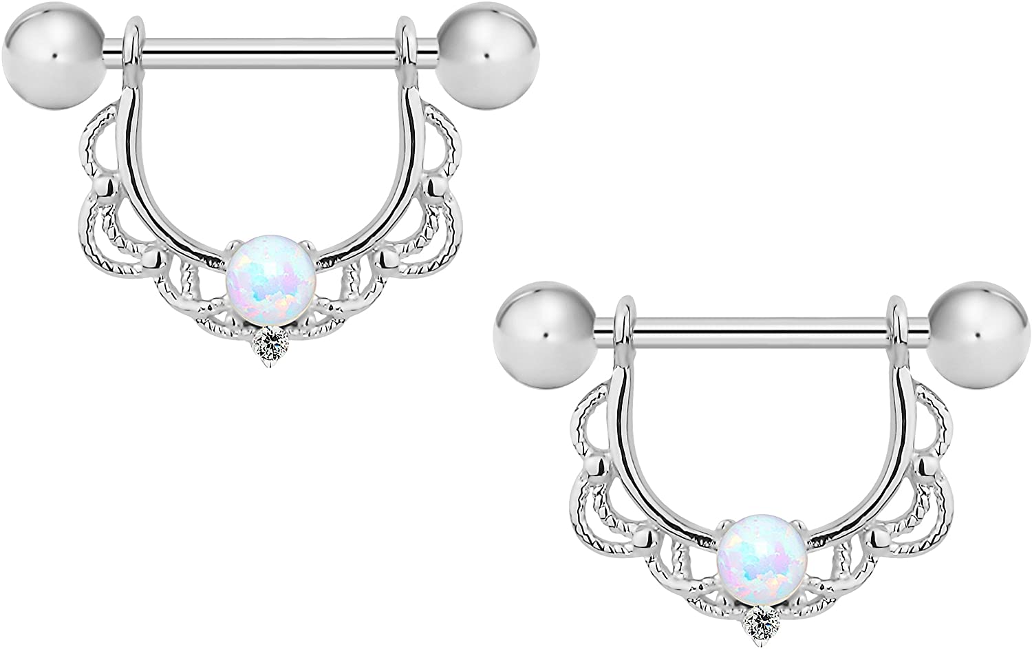 Forbidden Body Jewelry 14g-16g Surgical Steel Synthetic Opal Partial Nipple Shield Filigree Barbell Set