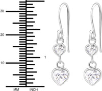 Hypoallergenic Sterling Silver Double Heart CZ Dangle Earrings for Kids (Clear)