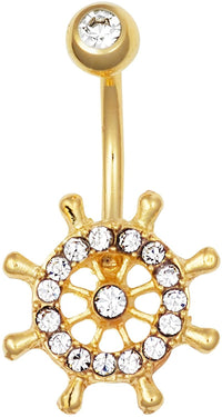 Forbidden Body Jewelry 14kt Gold Plated Surgical Steel CZ Crystal Nautical Design Ship Wheel Belly Ring