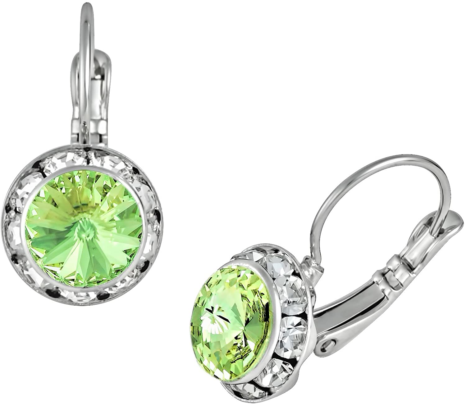 Austrian Crystal Silver Tone Framed Peridot Lever Back Earrings for Women