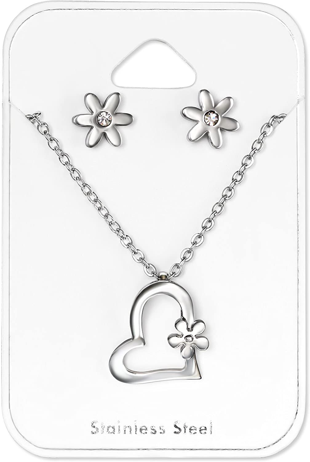 Stainless Steel Heart & Flowers Pendant Necklace & Stud Earring Set for Girls