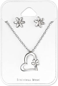 Stainless Steel Heart & Flowers Pendant Necklace & Stud Earring Set for Girls