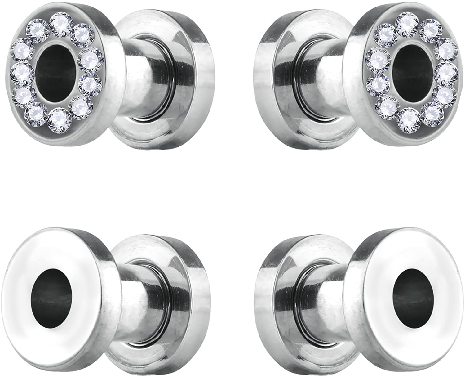 Forbidden Body Jewelry 4pcs 00G-2GA Surgical Steel Polished & Crystal Rimmed Tunnel Plug Earrings