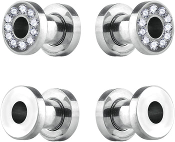 Forbidden Body Jewelry 4pcs 00G-2GA Surgical Steel Polished & Crystal Rimmed Tunnel Plug Earrings