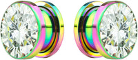 Forbidden Body Jewelry 2pcs 8G-7/8 Surgical Steel Screw Fit CZ Center Rainbow Tunnel Plug Earrings