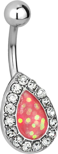 Forbidden Body Jewelry Surgical Steel Pink Glitter Crystalline Tear Drop Imitation Opal Belly Button Ring