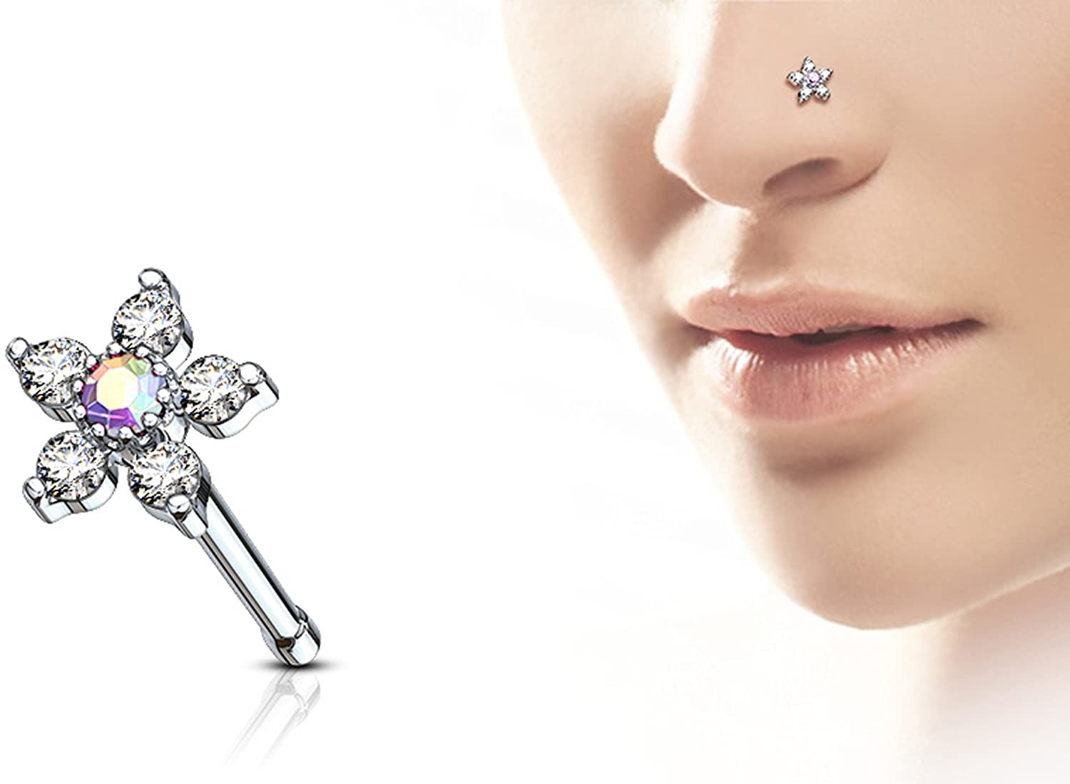 Forbidden Body Jewelry 20g Surgical Steel Nose Stud with Big Bling Two-Tone 6-CZ Crystal Flower Top