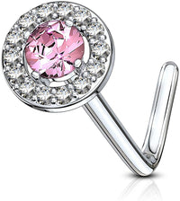 Forbidden Body Jewelry 20g Surgical Steel Fancy Double Tired Big 6mm CZ Halo L Shaped Nose Ring