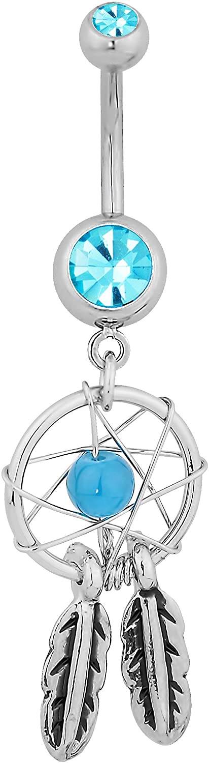 Forbidden Body Jewelry Surgical Steel Light Blue Double Jeweled Dream Catcher Feathers Dangle Belly Button Ring