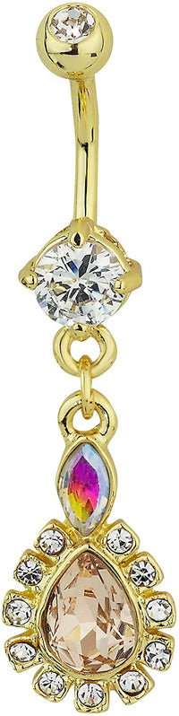 Forbidden Body Jewelry 14k Gold Plated Surgical Steel CZ Crystal Tear Drop Sexy Dangle Belly Ring