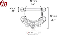 Forbidden Body Jewelry Pair of Surgical Steel 1/2 Inch (12mm) Fancy CZ Heart Filigree D-Ring Dangle Nipple Barbells