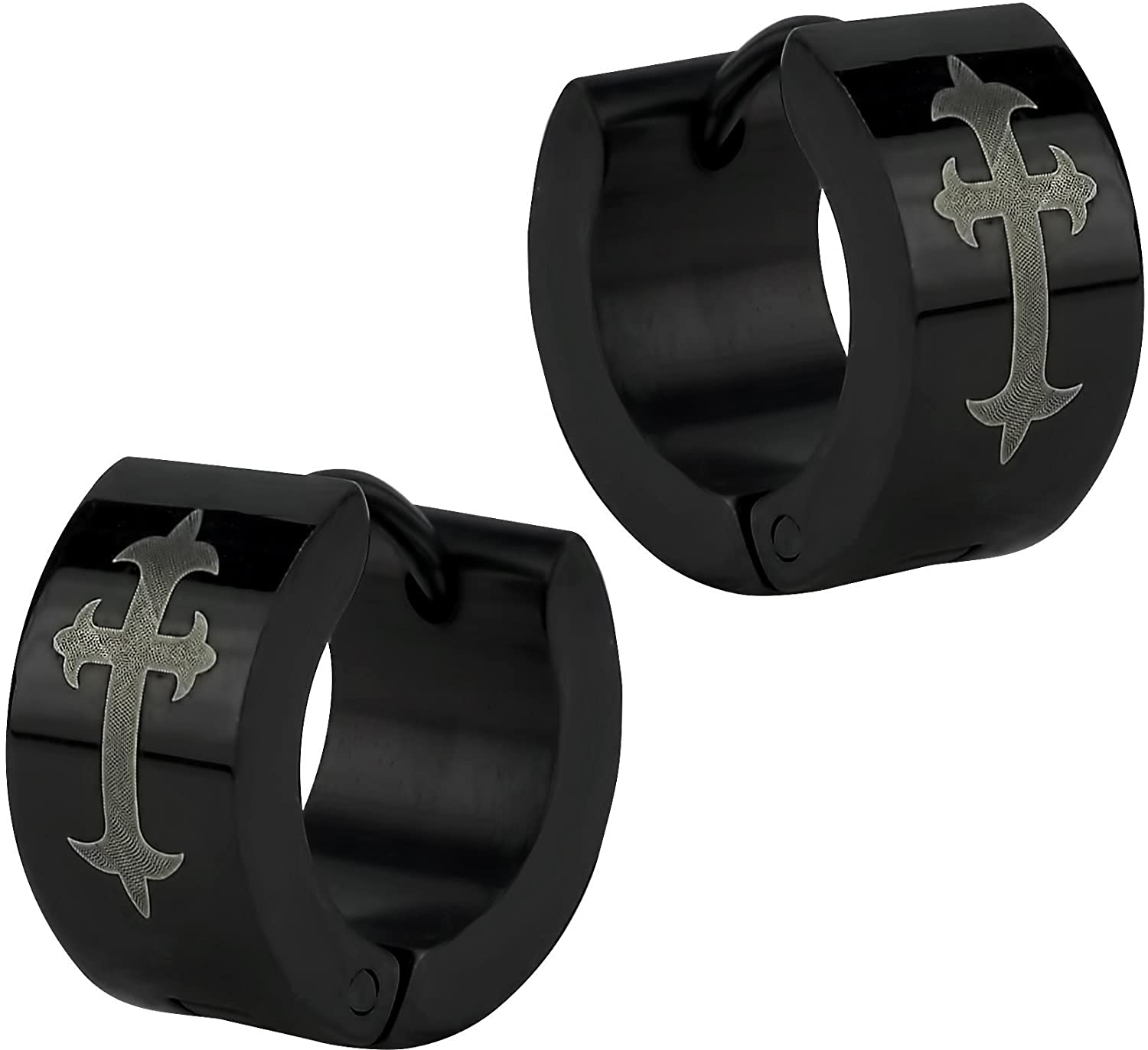 Stainless Steel Black Semi Matte Medieval Roman Cross Wide Huggie Hoop Earrings for Men