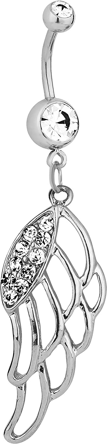 Surgical Steel CZ Pave Jeweled Angel Wing Dangle Belly Button Ring