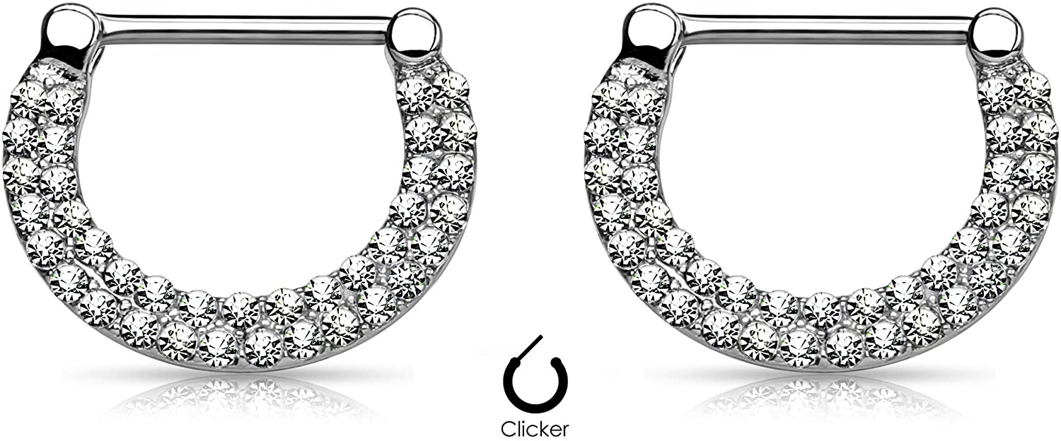 Forbidden Body Jewelry 14G Surgical Steel & Gold IP Plated Double Lined Crystal Gemmed Nipple Piercing Clicker Ring Set