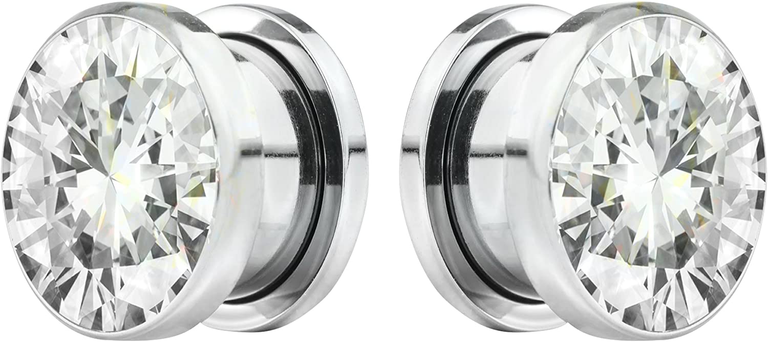 Forbidden Body Jewelry 8G-7/8 Surgical Steel Screw Fit CZ Center Tunnel Plug Earrings (Sold as Pair)