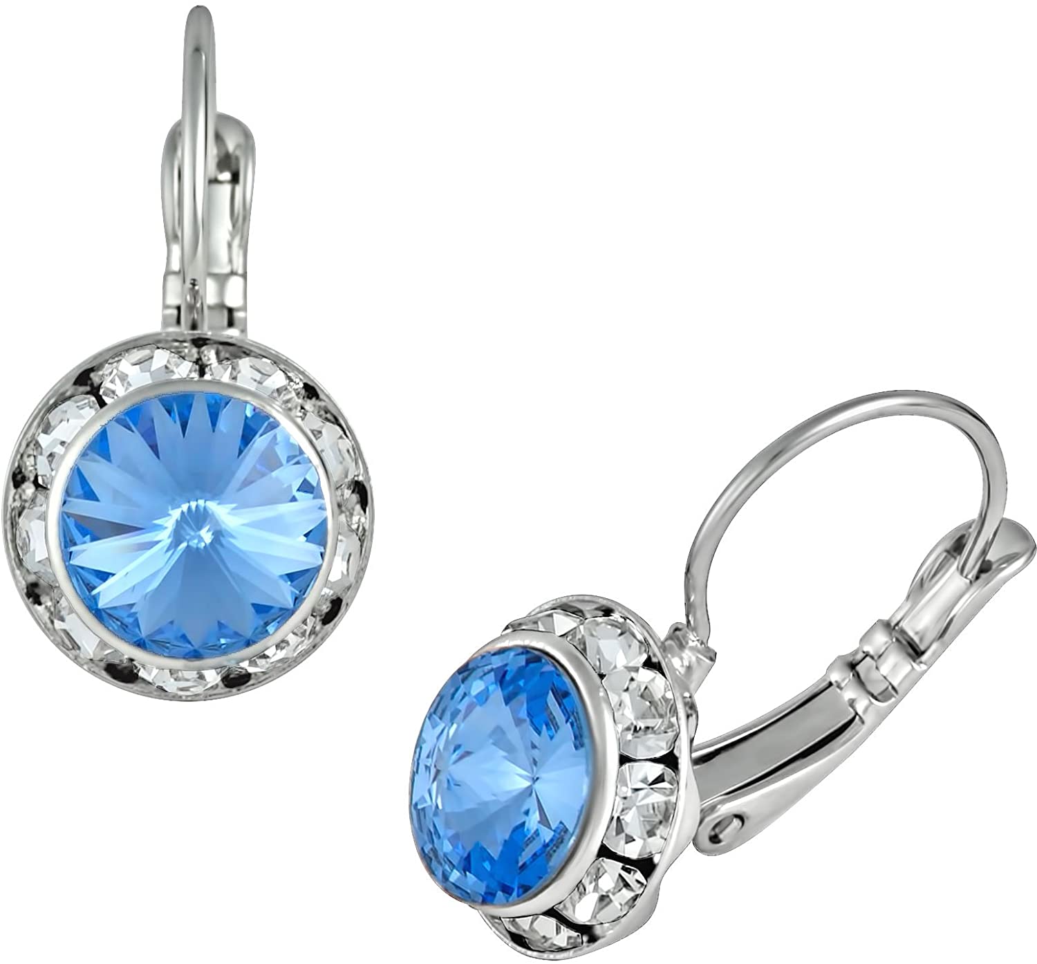 Austrian Crystal Silver Tone Framed Light Blue Lever Back Earrings for Women