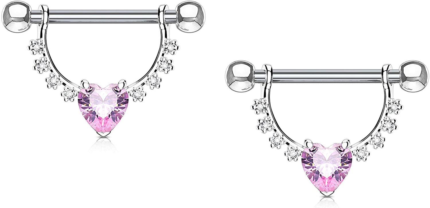 Forbidden Body Jewelry Pair of Surgical Steel 1/2 Inch (12mm) D-Ring Style CZ Heart Dangle Nipple Barbells