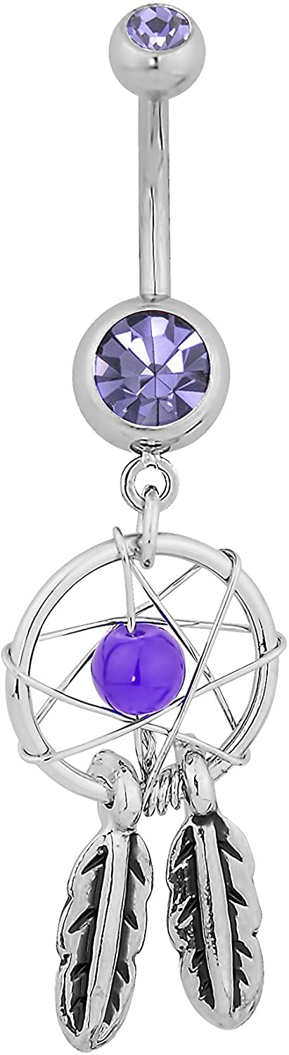 Forbidden Body Jewelry Surgical Steel Purple Double Jeweled Dream Catcher Feathers Dangle Belly Button Ring