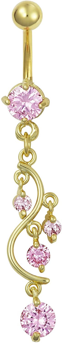 Forbidden Body Jewelry 14kt Gold Plated Surgical Steel Fancy Pink CZ Crystal Vine Drop Multi Gem Dangle Belly Button Ring