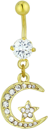 Forbidden Body Jewelry 14kt Gold Plated Simulated Diamond CZ Crystal Pave Set Half Moon & Star Dangle Belly Button Ring