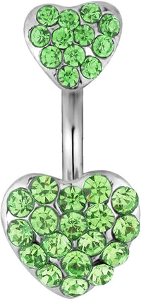 Surgical Steel Green Pave Jeweled Double Heart Belly Button Ring