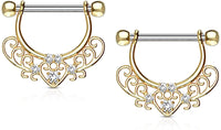 Forbidden Body Jewelry Pair of Surgical Steel 1/2 Inch (12mm) Fancy CZ Heart Filigree D-Ring Dangle Nipple Barbells