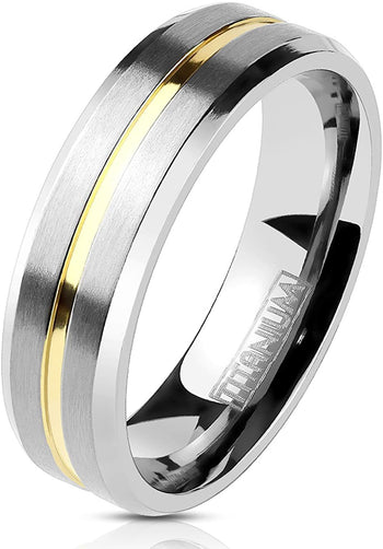 Forbidden Body Jewelry Brushed Titanium Beveled Edge Wedding Band with Thin Grooved Gold Tone Center Line