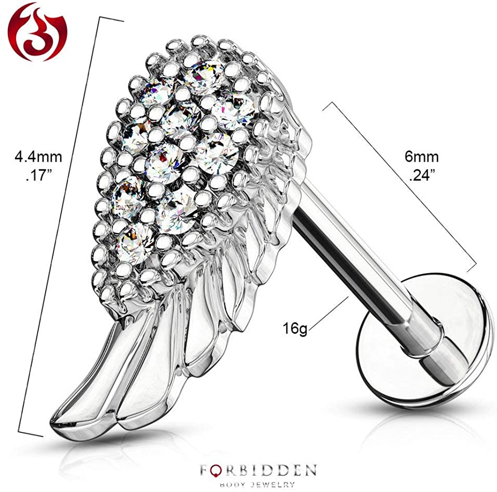 Forbidden Body Jewelry 16g 6-8mm Internally Threaded Surgical Steel Cartilage/Tragus/Labret/Monroe Stud w/CZ Angel Wing Top