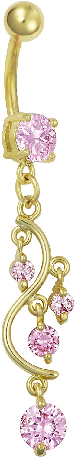 Forbidden Body Jewelry 14kt Gold Plated Surgical Steel Fancy Pink CZ Crystal Vine Drop Multi Gem Dangle Belly Button Ring