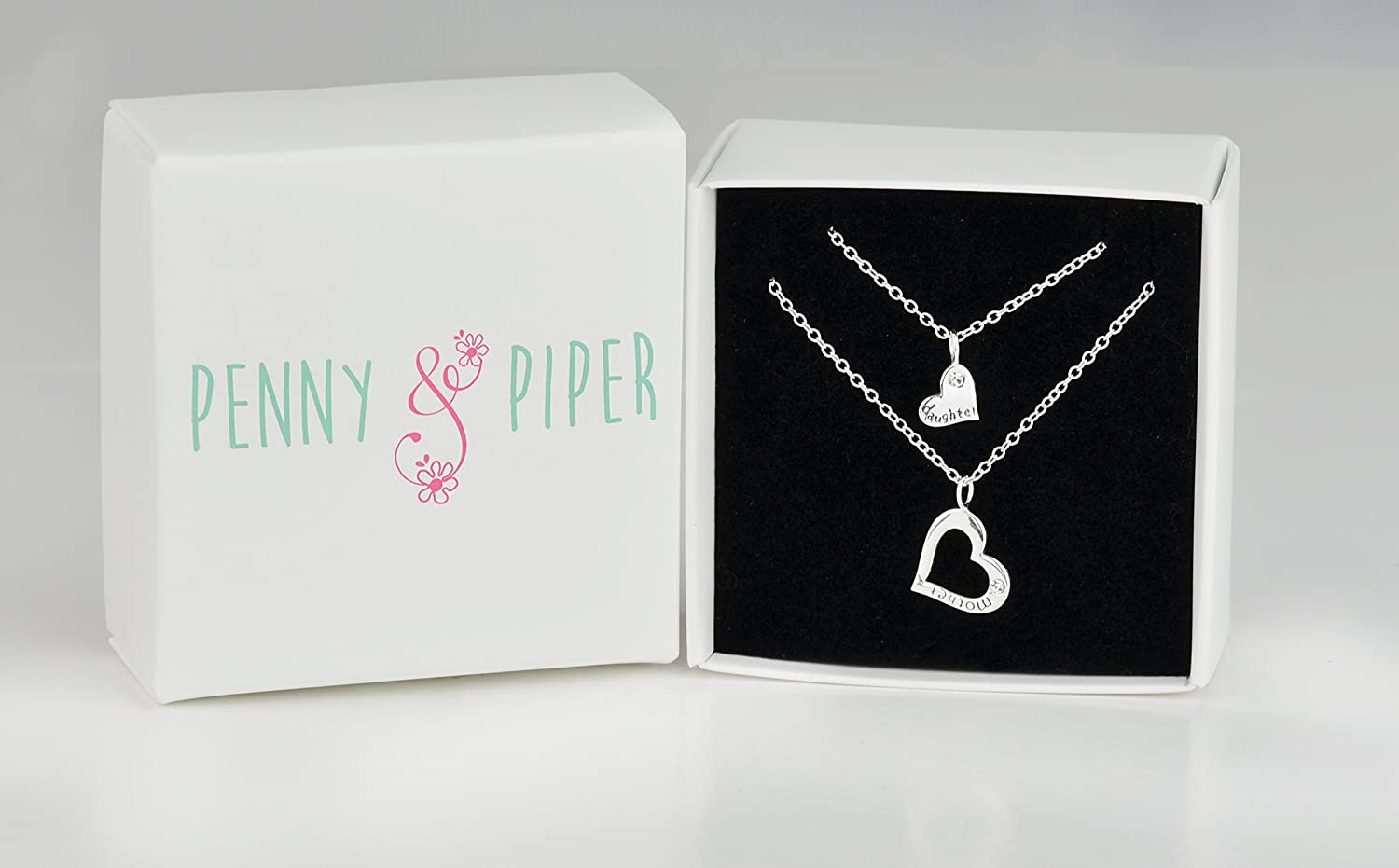 Penny & Piper Mother Daughter Necklaces for 2: .925 Sterling Silver Crystal Heart Charm & Heart Cut Out Necklaces