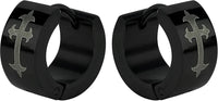 Stainless Steel Black Semi Matte Medieval Roman Cross Wide Huggie Hoop Earrings for Men