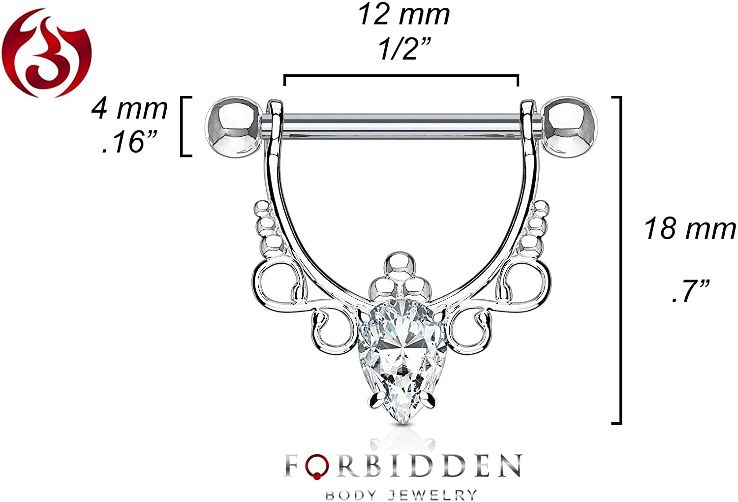 Forbidden Body Jewelry Pair of Surgical Steel 1/2 Inch (12mm) D-Ring Style Fancy CZ Chandelier Dangle Nipple Barbells