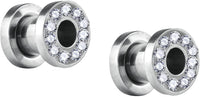 Forbidden Body Jewelry 2pcs 8GA-7/8 Surgical Steel Crystal Rimmed Screw Fit Tunnel Plugs