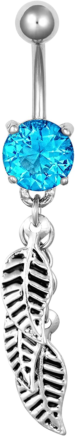 Surgical Steel Aqua Jeweled Solitaire Crystal Dangle Feathers Belly Button Ring