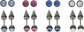 Forbidden Body Jewelry 4 Pairs of 16g 5mm Surgical Steel Spiked Cheater Plug Earrings with Black O-Rings and Crystals