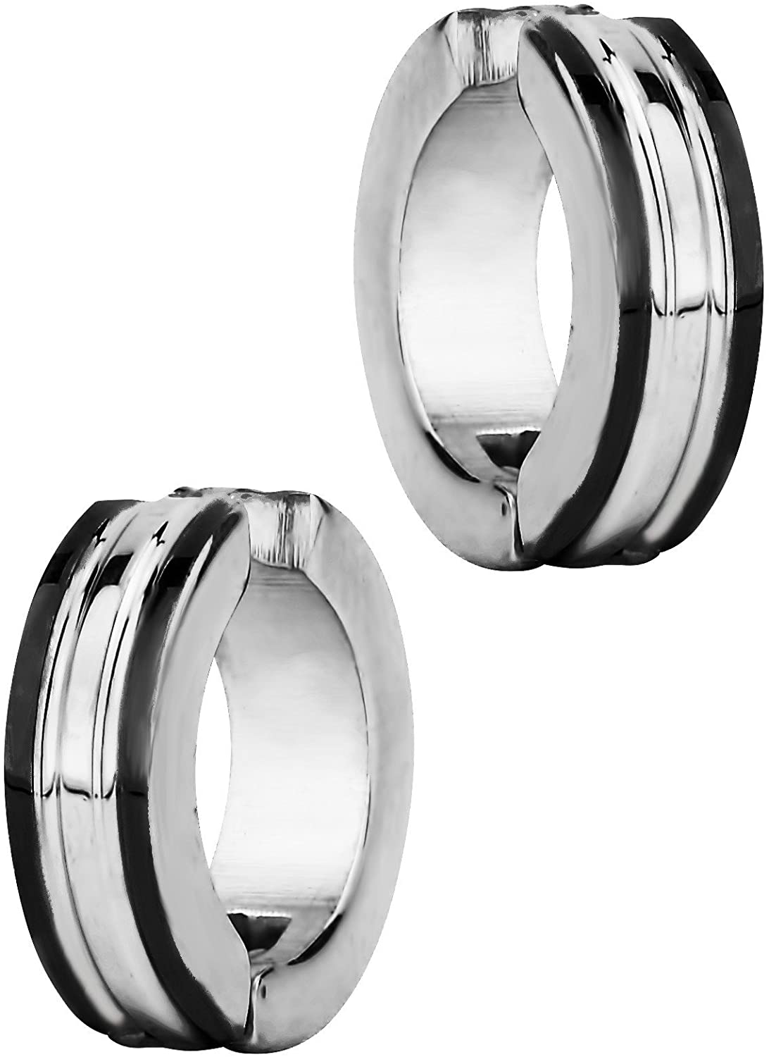 Stainless Steel Two Tone Black IP Plated Clip On Huggie Hoop Earrings