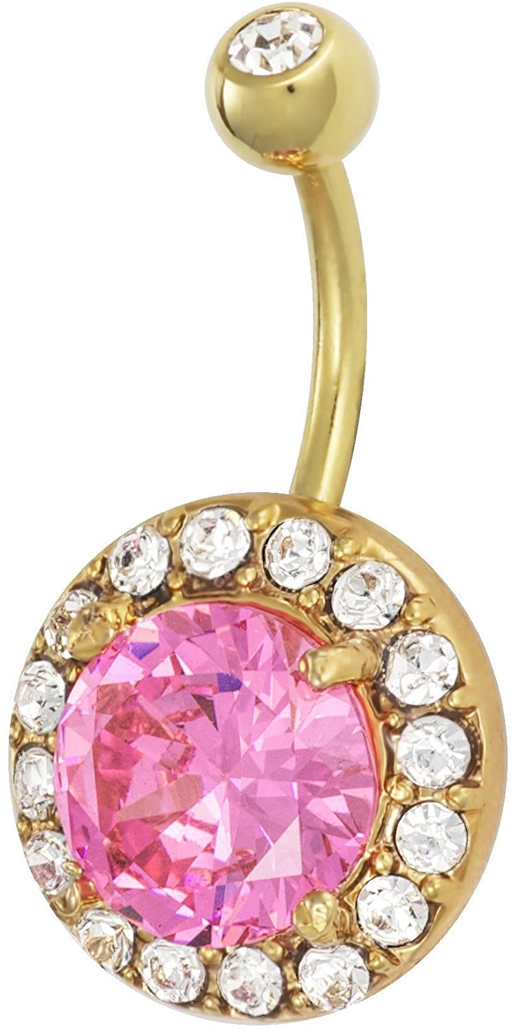 Forbidden Body Jewelry 14kt Gold Plated Framed Solitaire Pink CZ Crystal Belly Button Ring