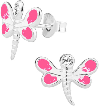 Hypoallergenic Sterling Silver Pink Crystal Dragonfly Stud Earrings for Kids (Nickel Free)